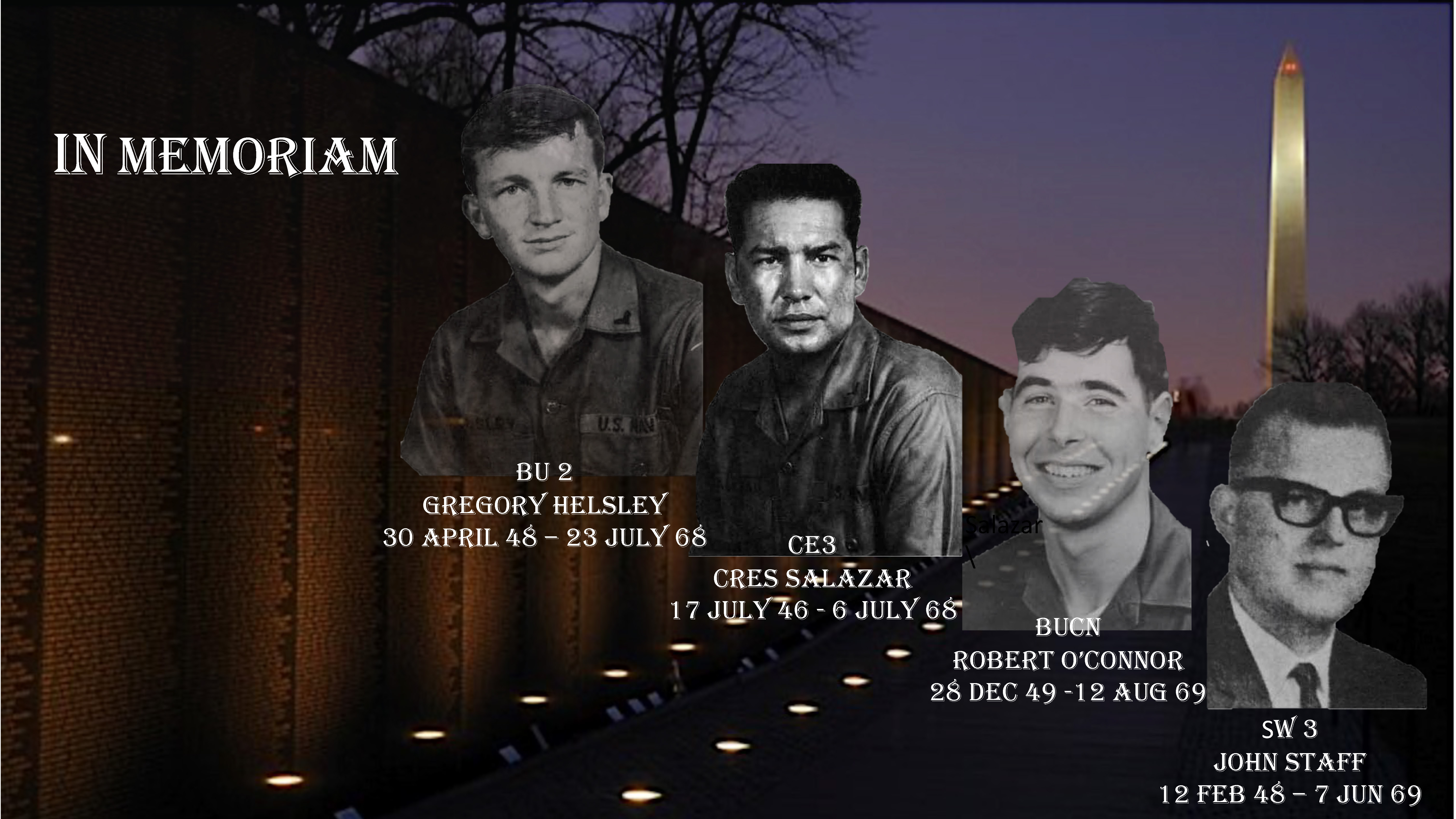 Vietnam memorial superimposed with Gregory Helsley, Cres Salazar, Robert O'Connor, and John Staff
